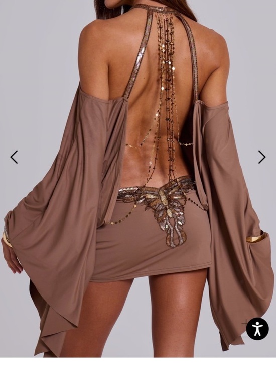 Jaded London Dresses & Skirts - Jaded London Taupe Brown Sequin-Back Cold-Shoulder Mini Dress